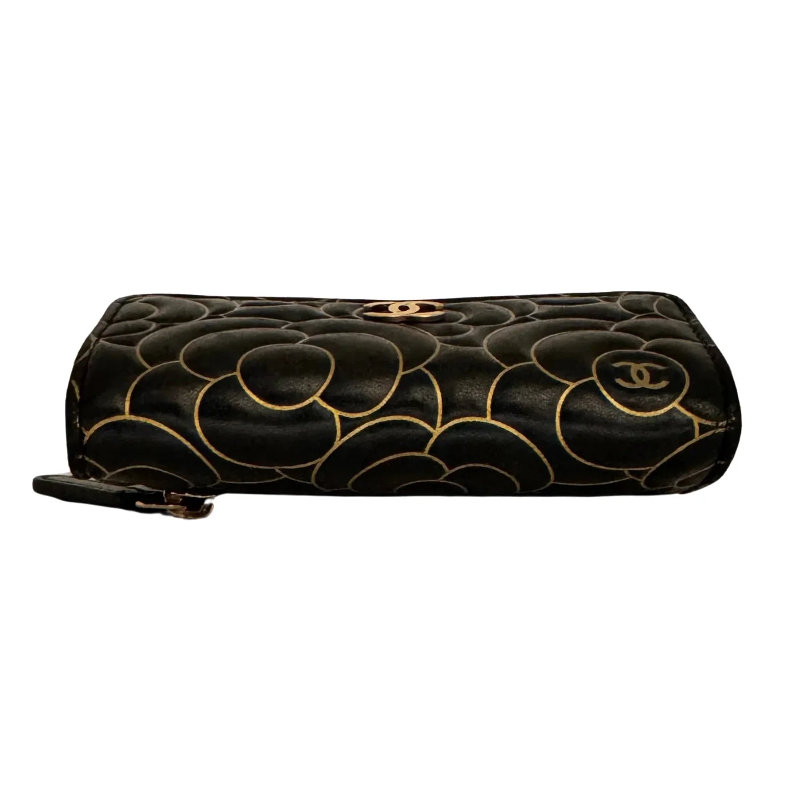 Chanel Lambskin Camellia Embossed Wallet in Black & Gold - Lost Designer