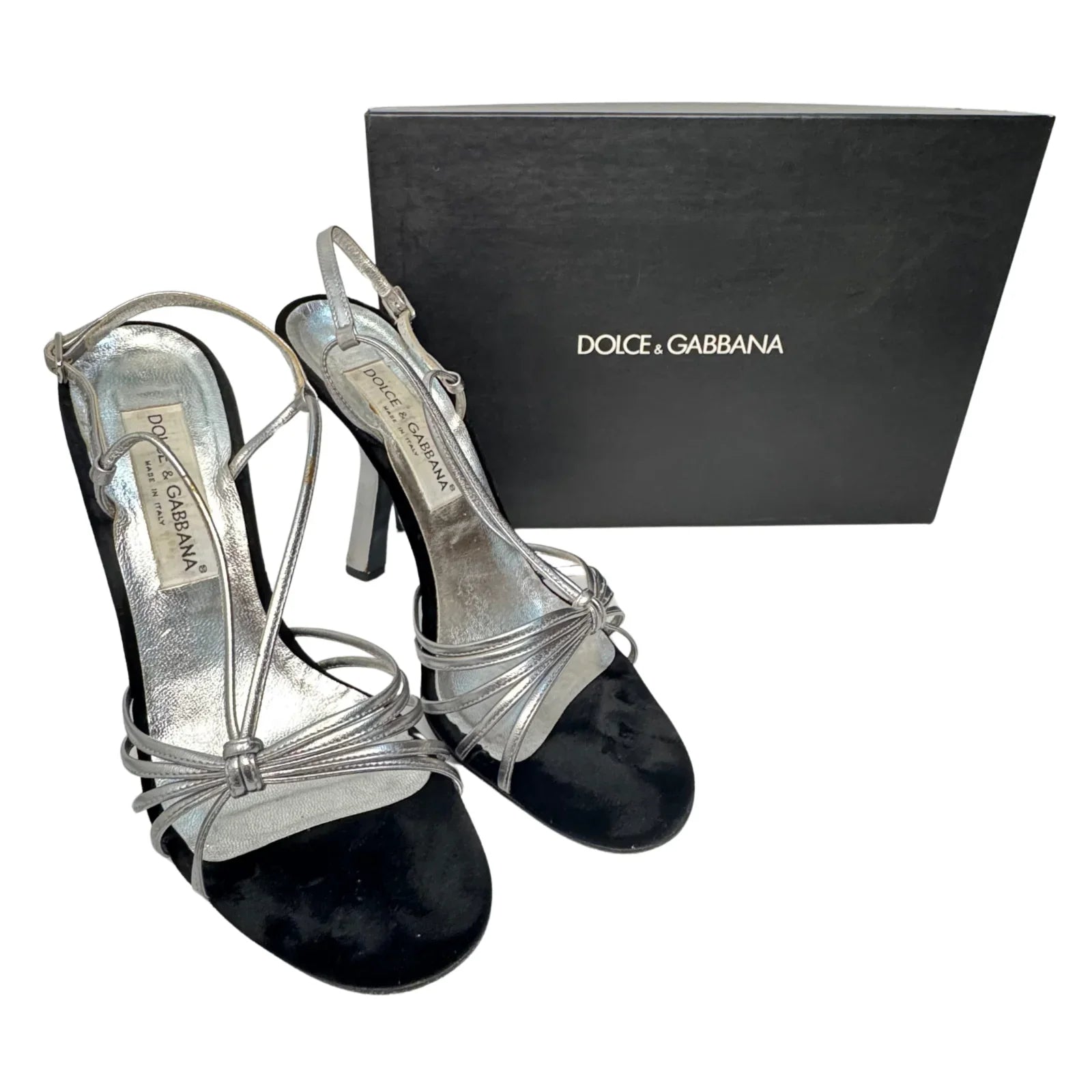 DOLCE & GABBANA Silver Metallic & Black Velvet Strappy Heels - Size 39.5 - Lost Designer