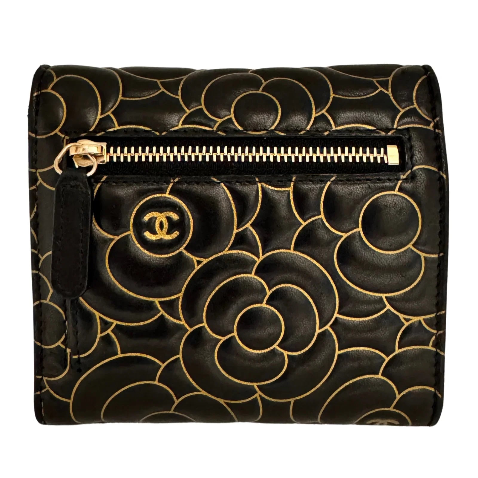 Chanel Lambskin Camellia Embossed Wallet in Black & Gold - Lost Designer