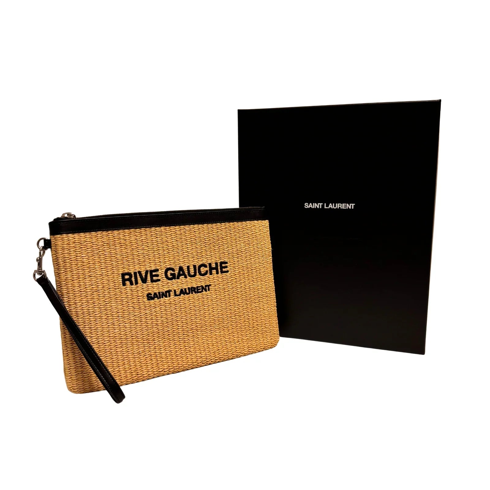 Saint Laurent Raffia Calfskin Rive Gauche Zipped Pouch - Lost Designer