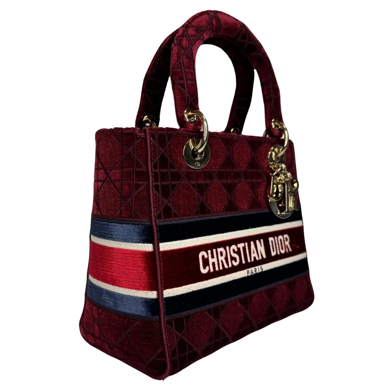 Christian Dior Velvet Cannage Medium Lady D-Lite Bag Burguandy - Lost Designer