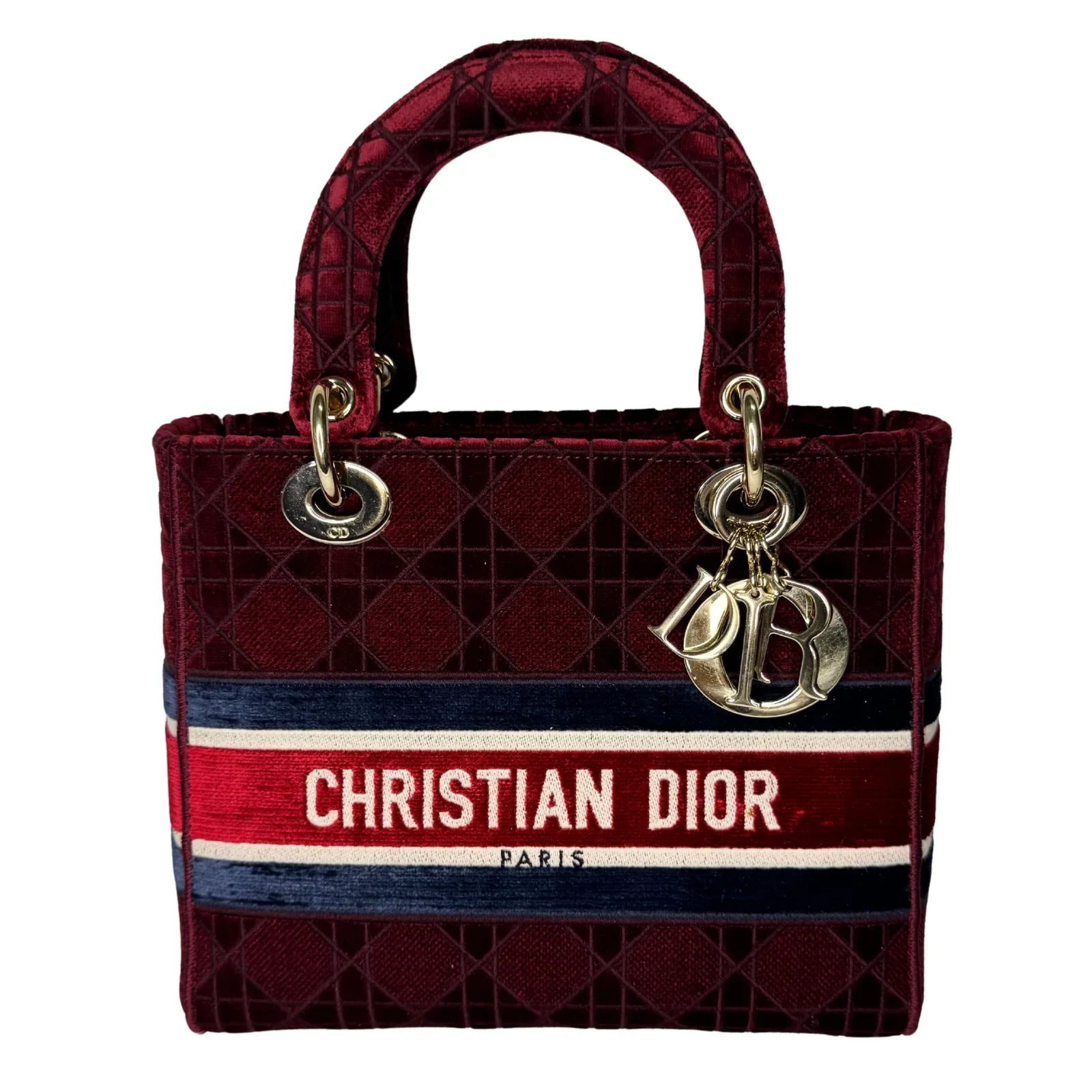Christian Dior Velvet Cannage Medium Lady D-Lite Bag Burguandy - Lost Designer