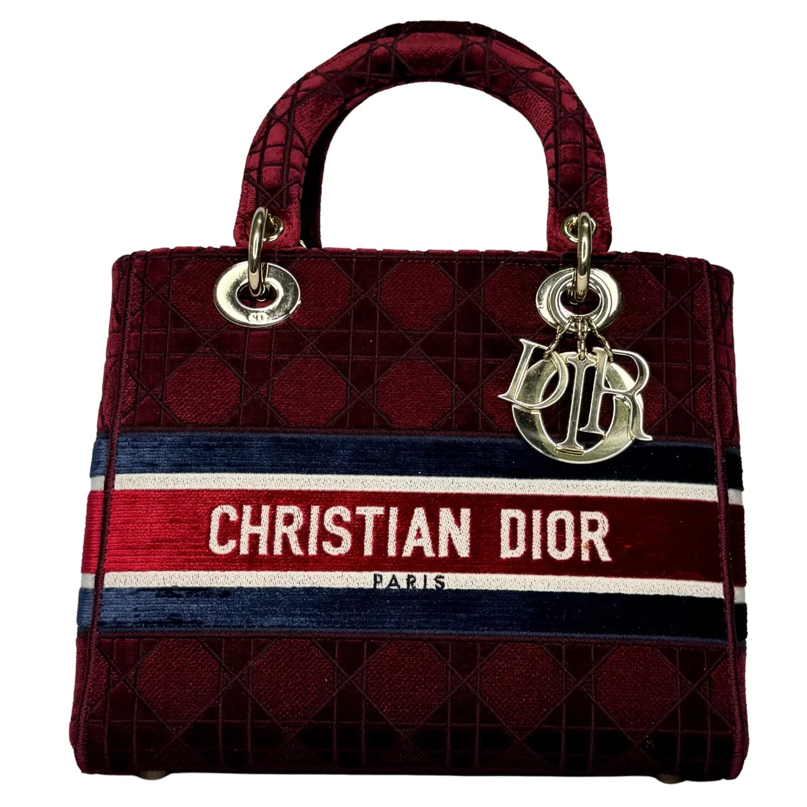 Christian Dior Velvet Cannage Medium Lady D-Lite Bag Burguandy - Lost Designer