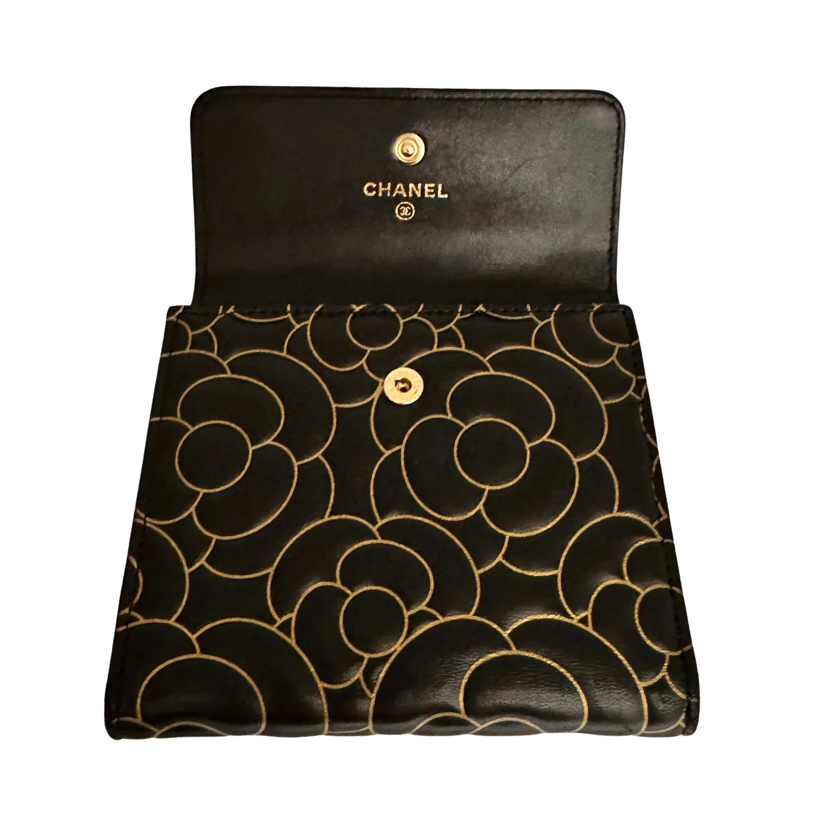 Chanel Lambskin Camellia Embossed Wallet in Black & Gold - Lost Designer