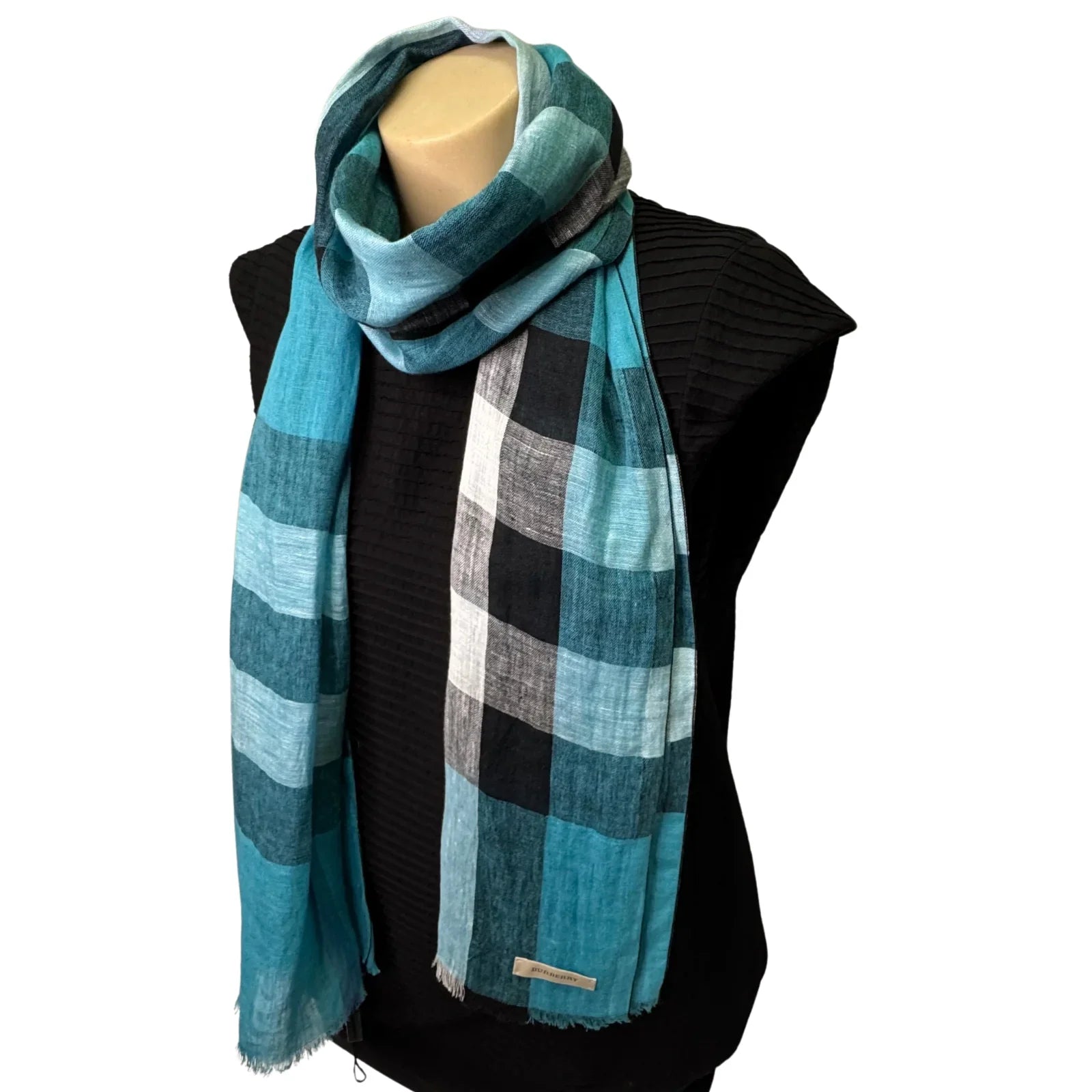 Burberry Linen Scarf Blue Check - Lost Designer