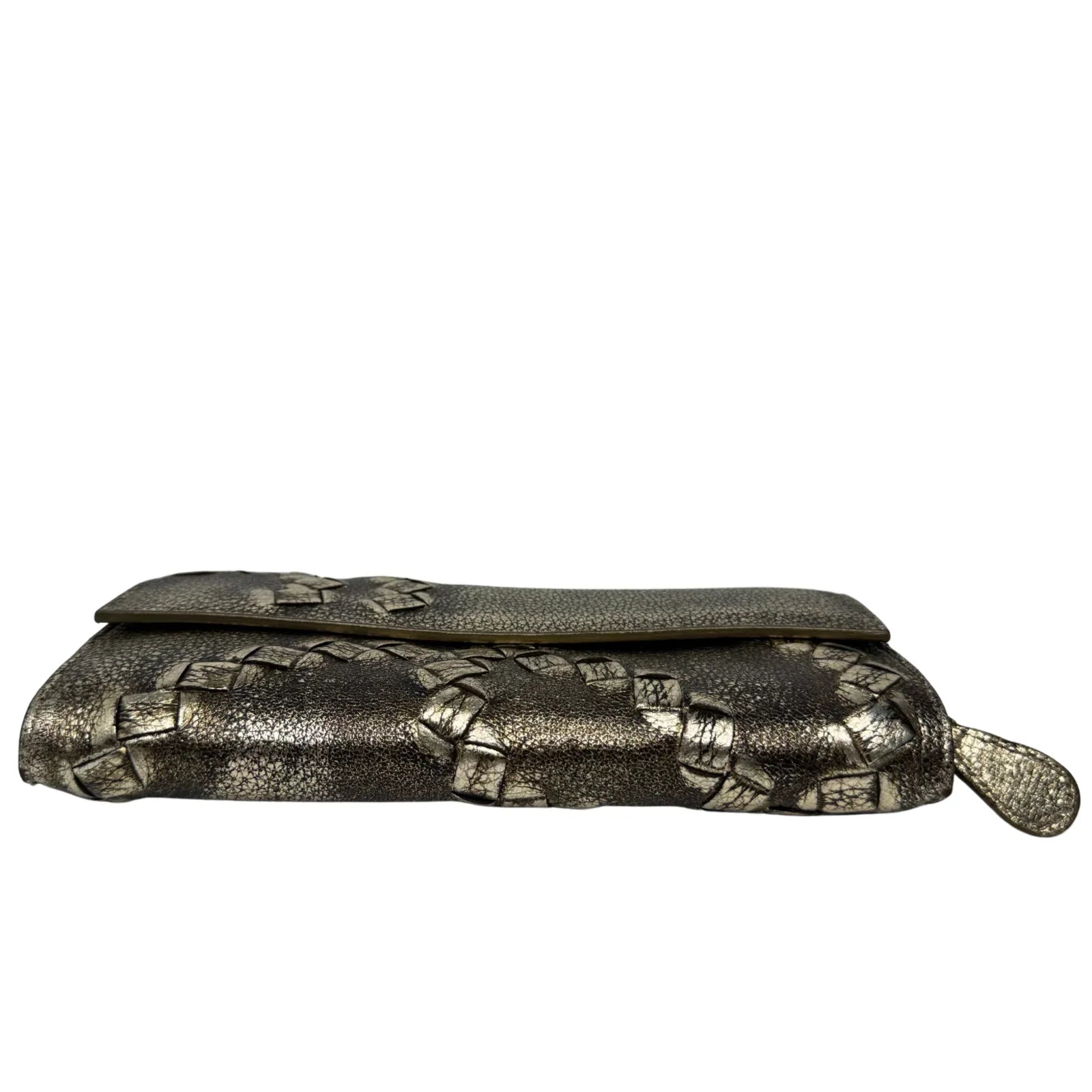 Bottega Veneta Metallic Pewter Woven and Pebbled Leather Long Wallet - Lost Designer