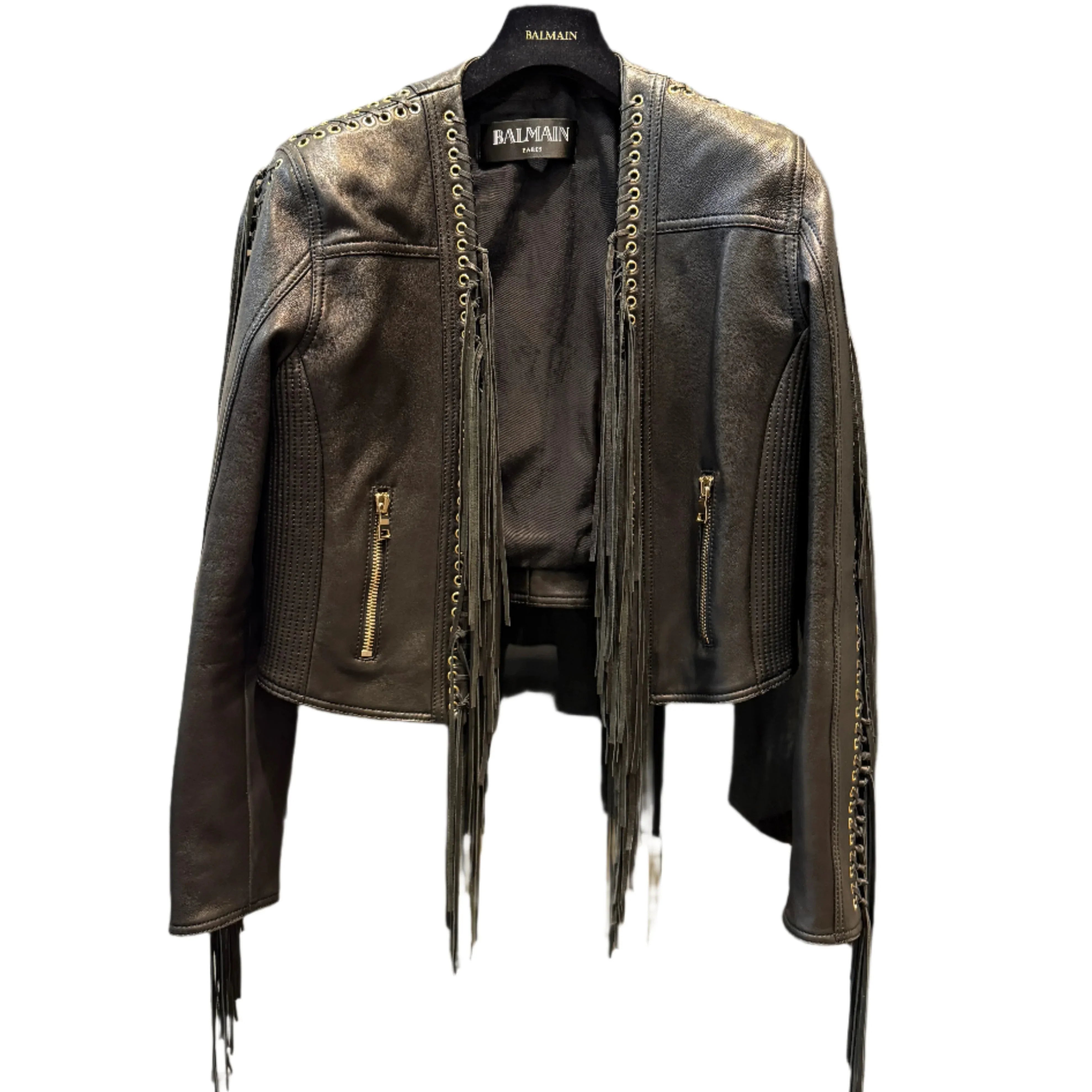 Balmain Leather Fringe Biker Jacket Size 42 - Lost Designer