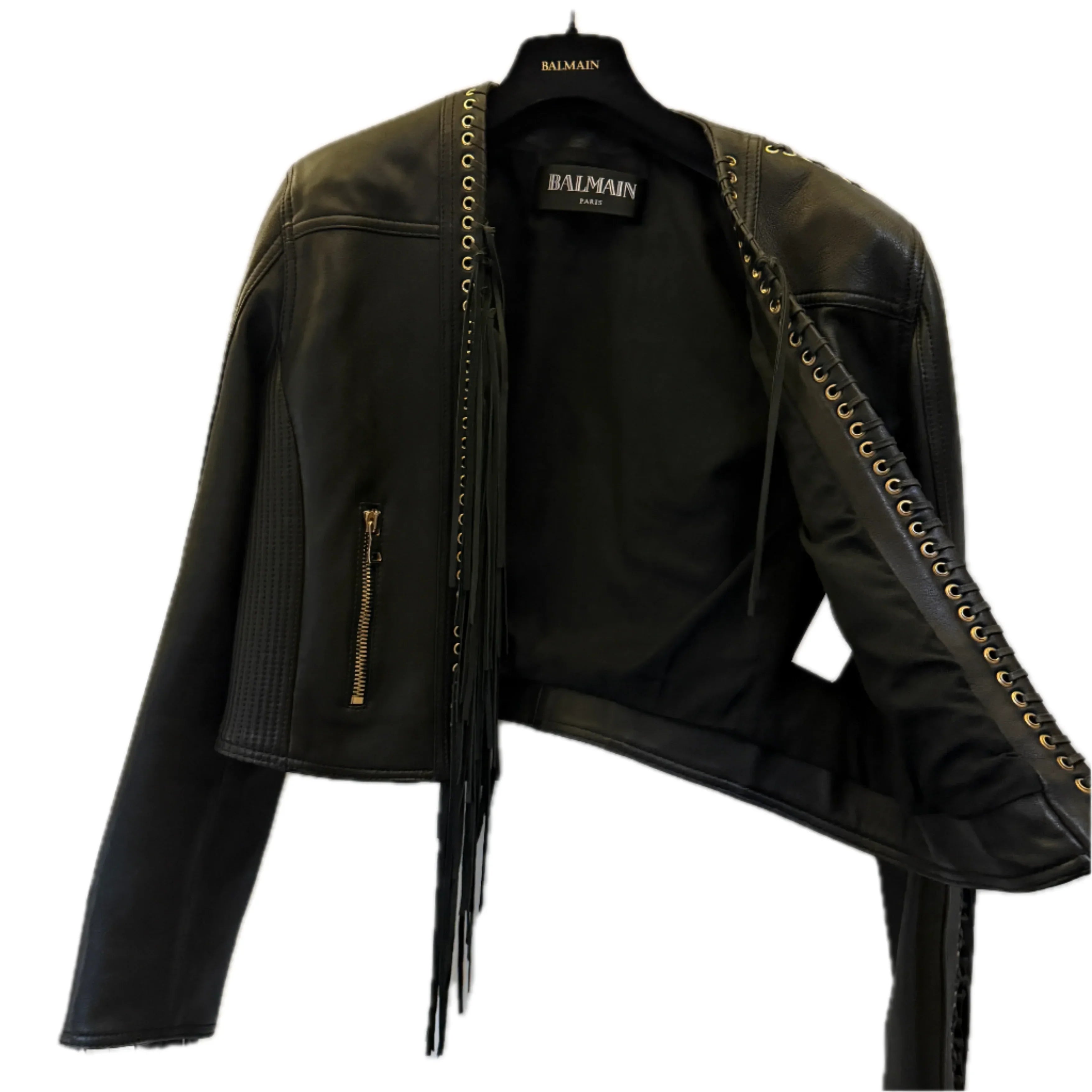 Balmain Leather Fringe Biker Jacket Size 42 - Lost Designer