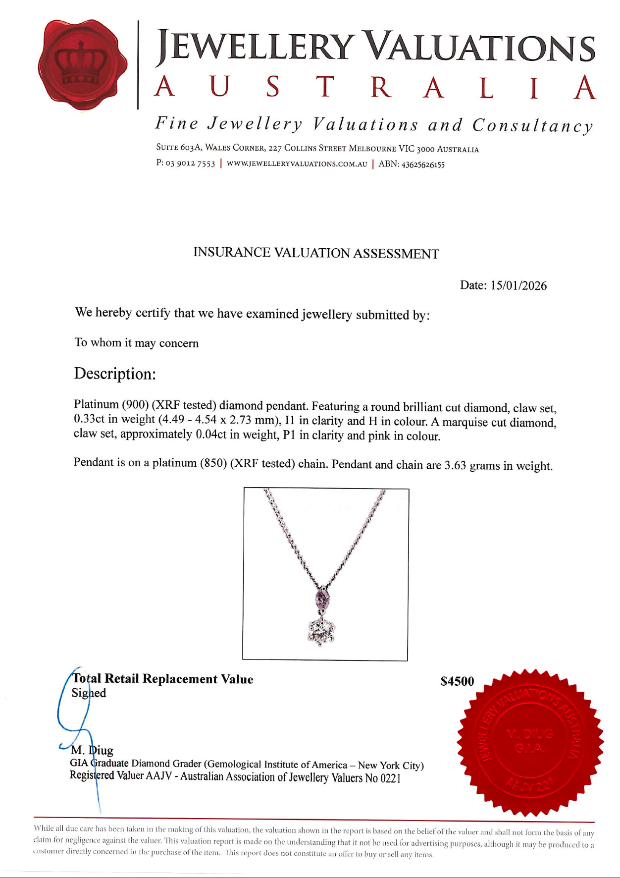 0.33Ct Natural Diamond & 0.04Ct Pink Diamond Drop Pendant Necklace In Platinum