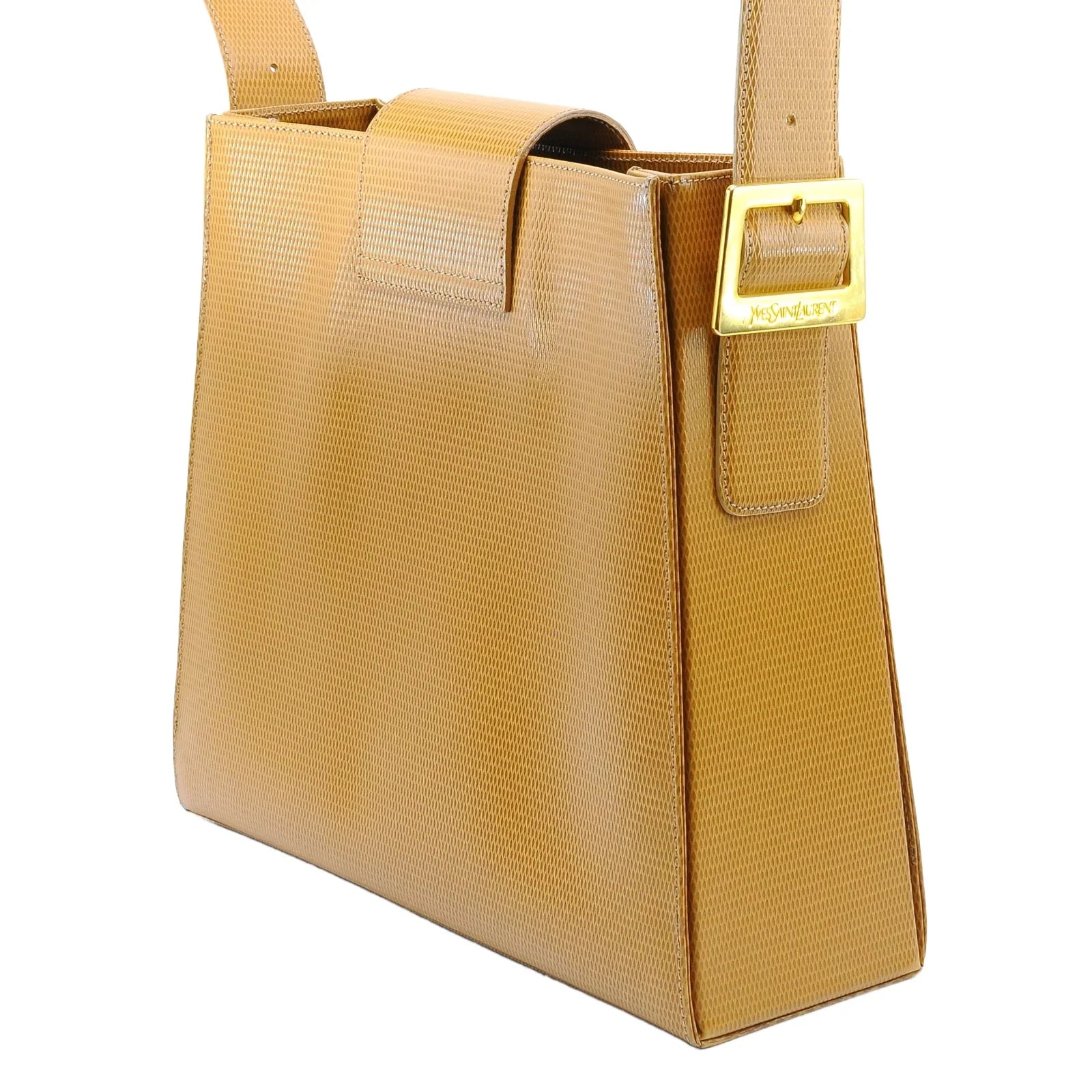 Saint Laurent Lizard Embossed Leather Shoulder Bag Amber - Lost Designer