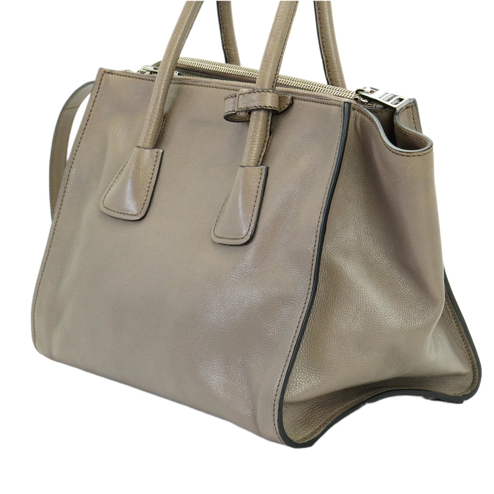 Prada Twin Pocket Tote Glace Calf Leather Bag Taupe - Lost Designer
