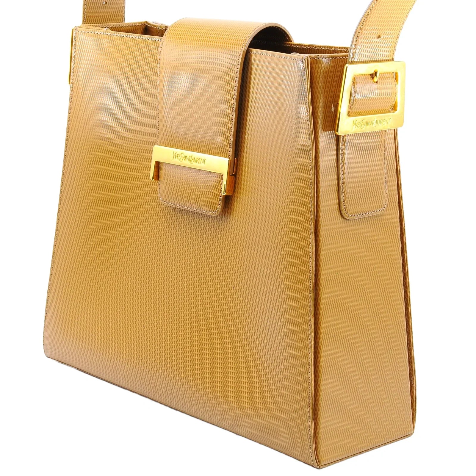 Saint Laurent Lizard Embossed Leather Shoulder Bag Amber - Lost Designer