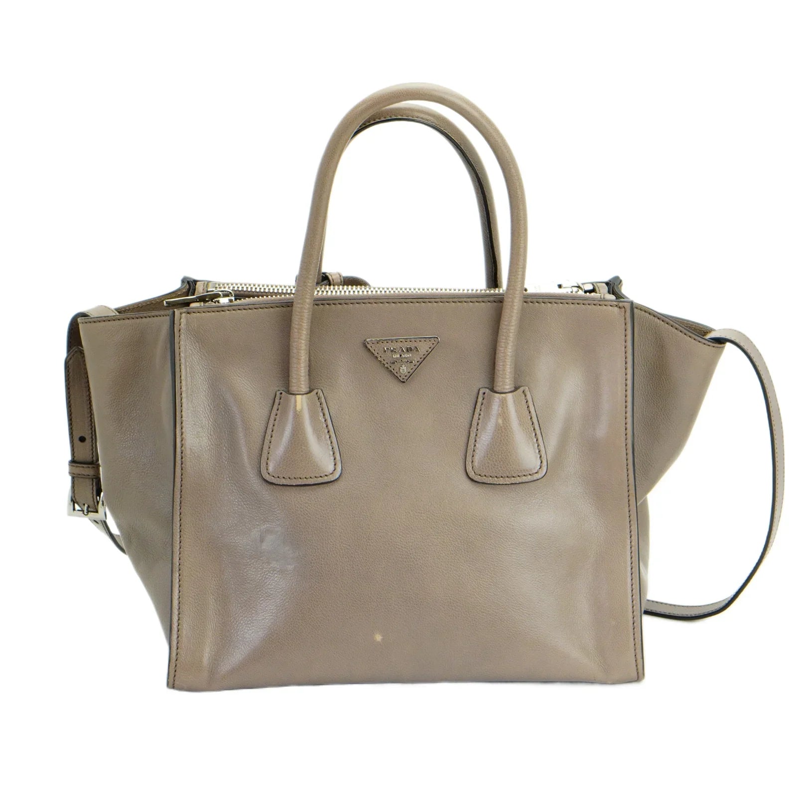 Prada Twin Pocket Tote Glace Calf Leather Bag Taupe - Lost Designer